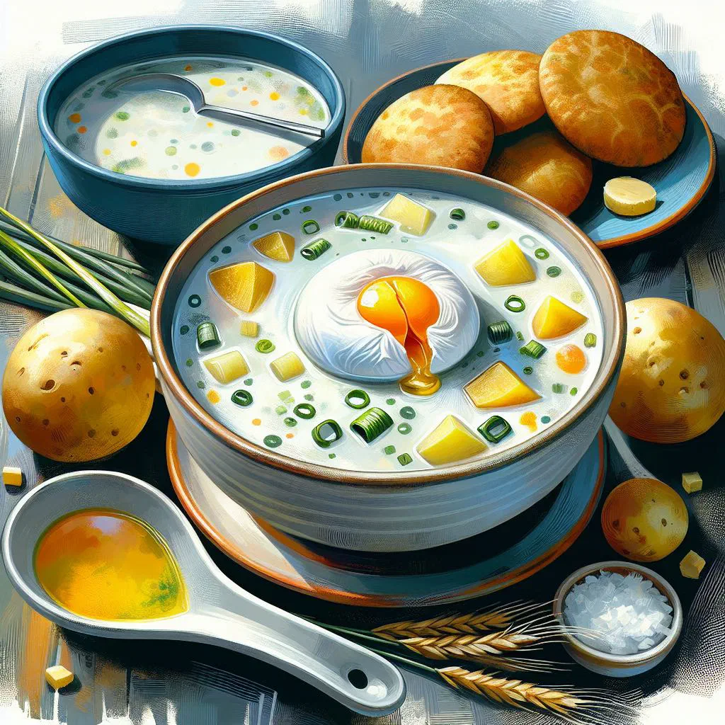 A bowl of changua breakfast soup with poached eggs, spring onions and bread