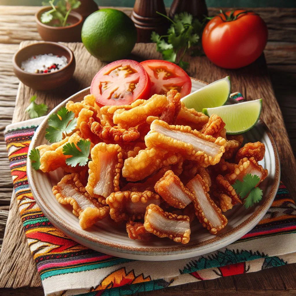 Crispy fried chicharrón pieces of pork belly with golden crackling