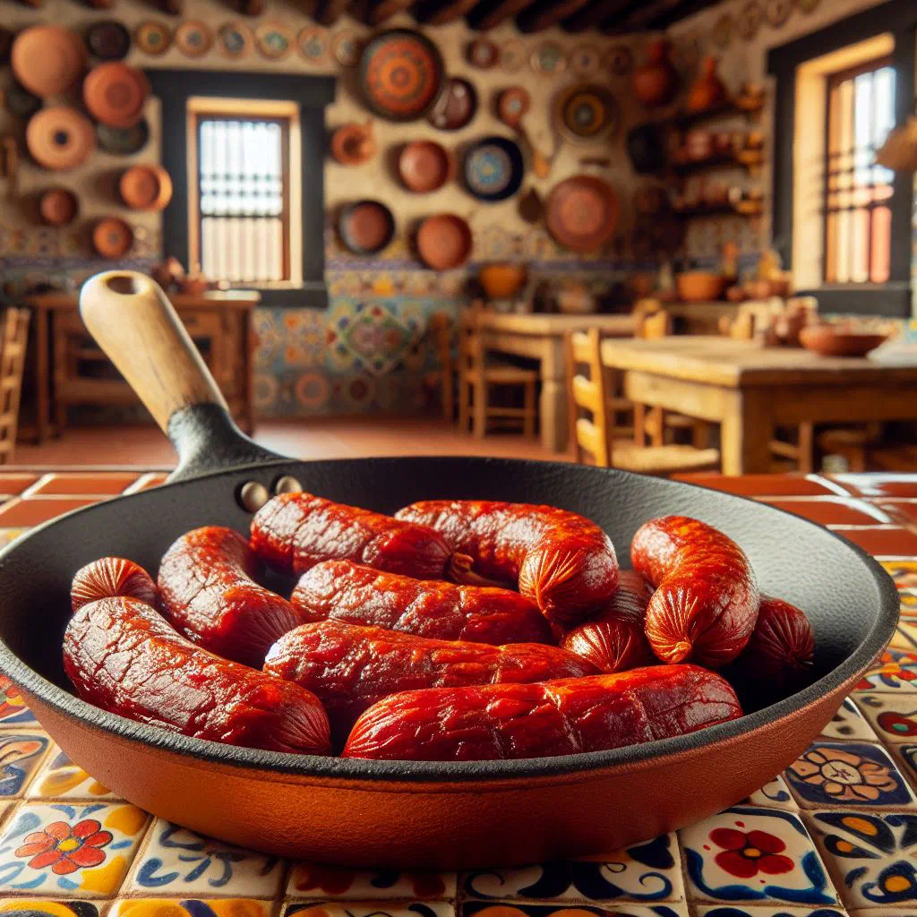Sliced Chorizo Santarosano pan-fried with peppers and onions