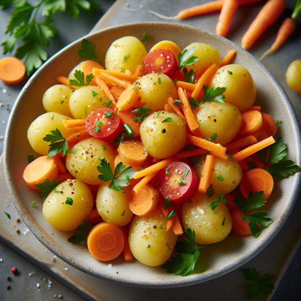 Creamy Colombian potato and carrot salad garnished with fresh herbs