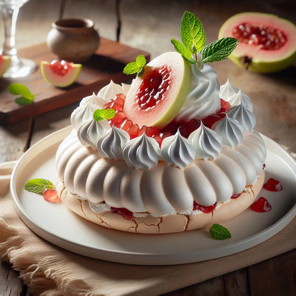 Layered guava meringue dessert topped with cream and guava paste