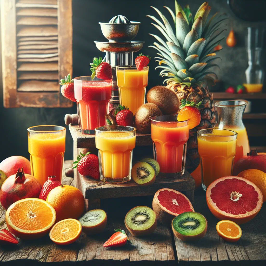 Glasses of fresh Colombian fruit juice garnished with mint and lime