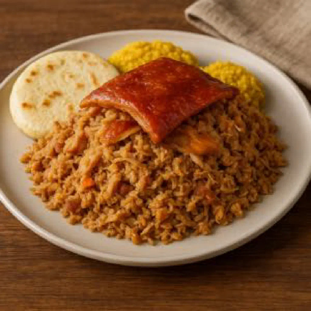 Golden roast lechona filled with seasoned rice and peas, served on a platter