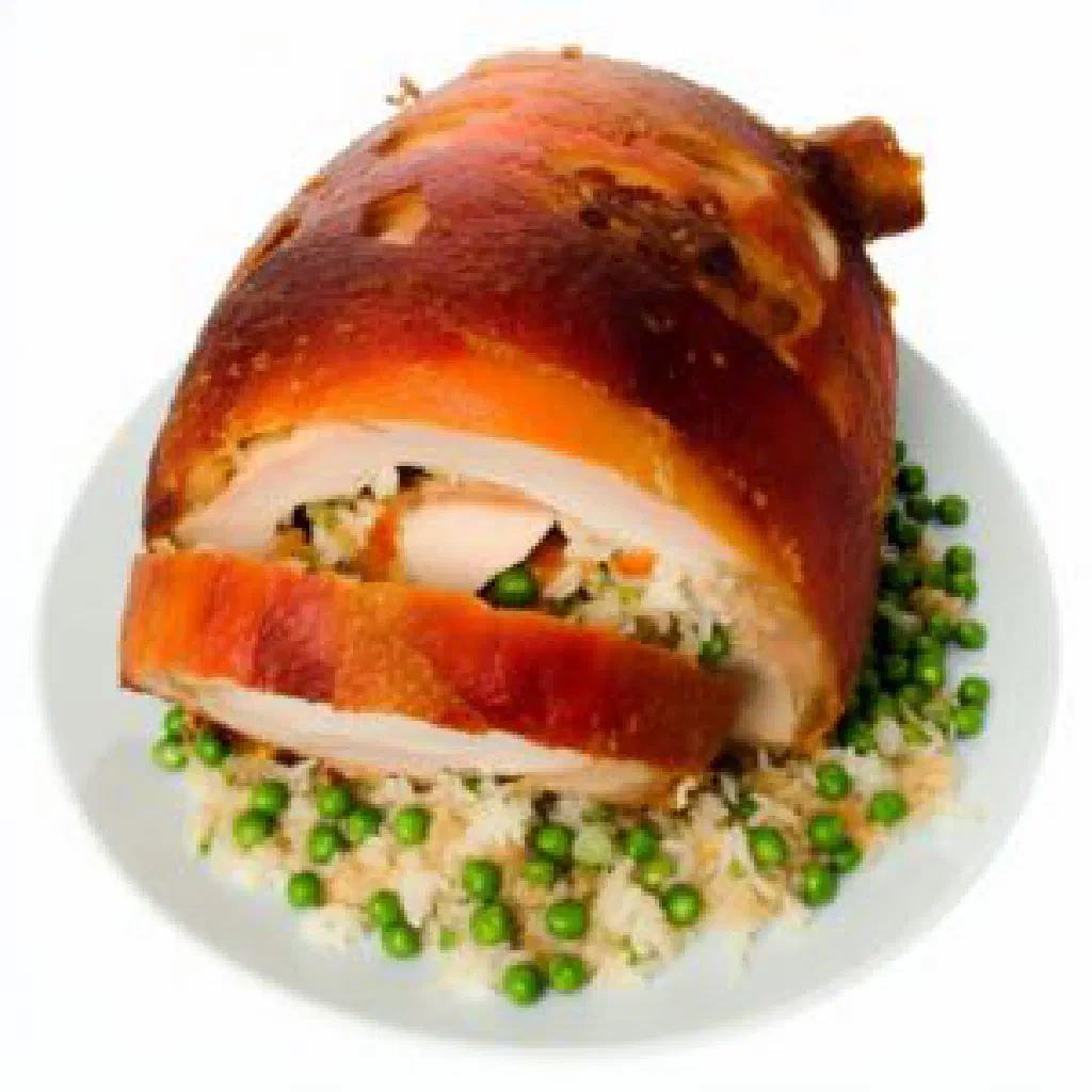 Lechona Tolimense with crispy crackling and a savoury rice and pea filling