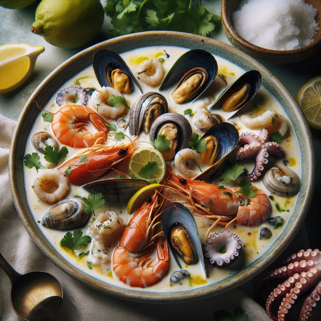Mixed seafood simmered in a creamy coconut sauce, garnished with fresh coriander