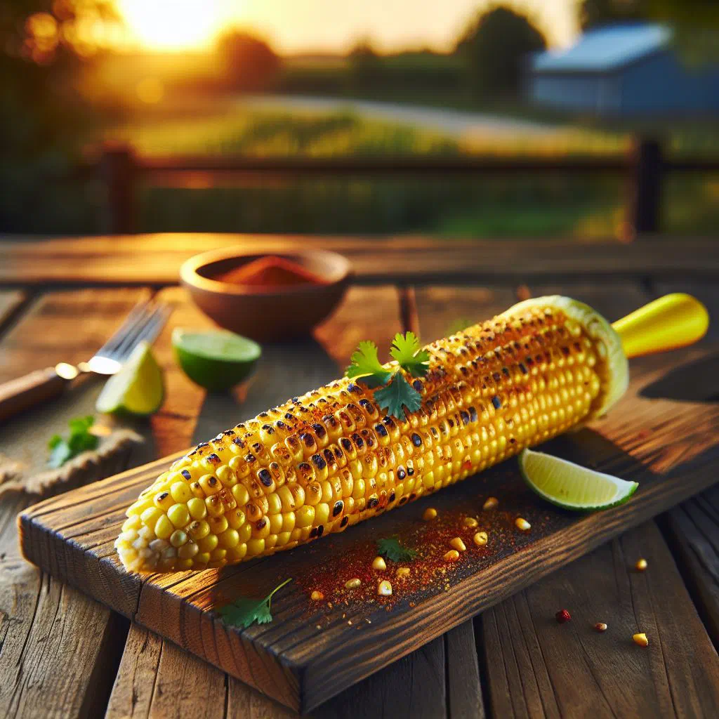 Grilled corn on the cob brushed with spiced butter and crumbled fresh cheese