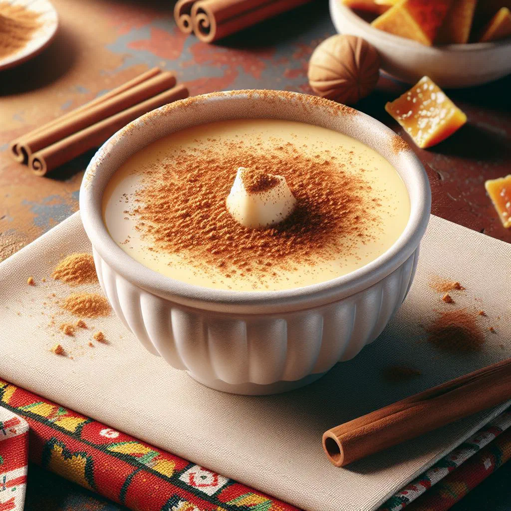 Set Colombian natilla in a dish, dusted with cinnamon