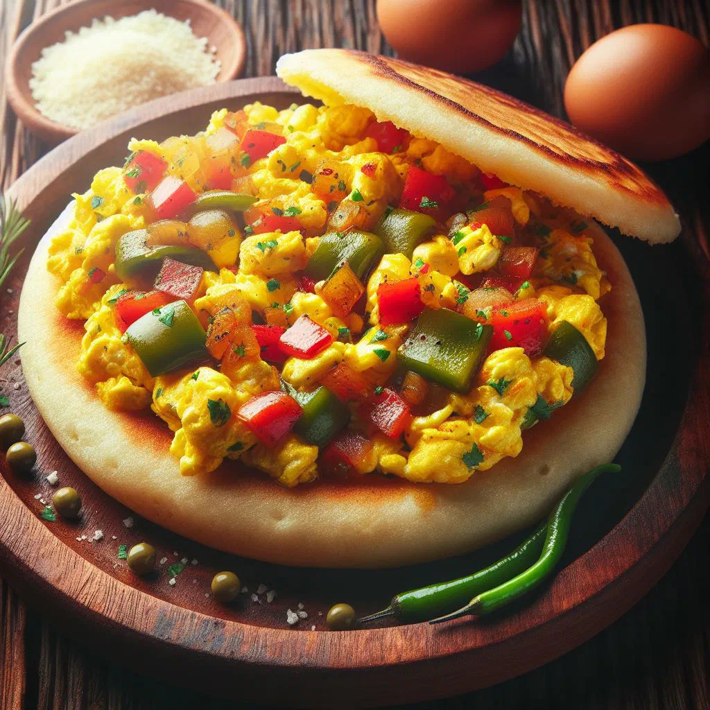 Colombian perico scrambled eggs with tomato and onion served with warm arepas