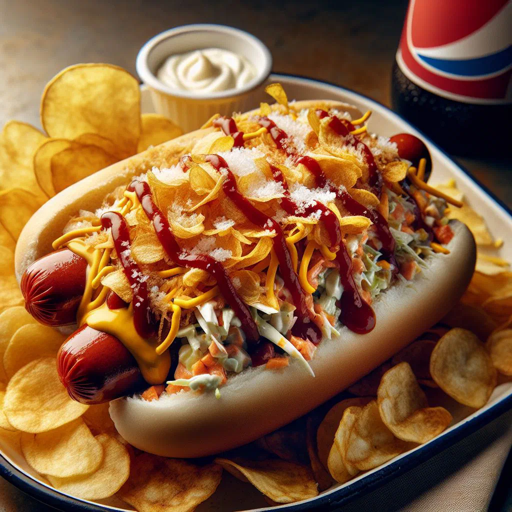 Colombian hot dog loaded with sweetcorn, sauces and fresh coriander