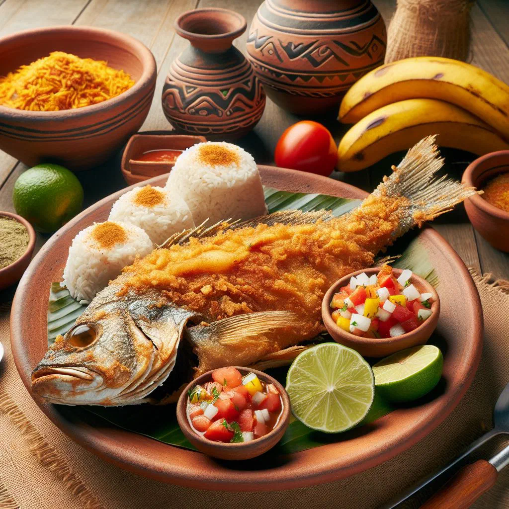 Whole crispy fried fish served with rice, patacones and lime