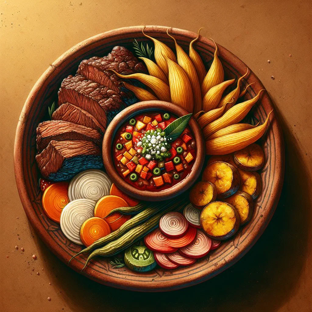 Braised Posta Cartagenera beef served with rice and fried plantains