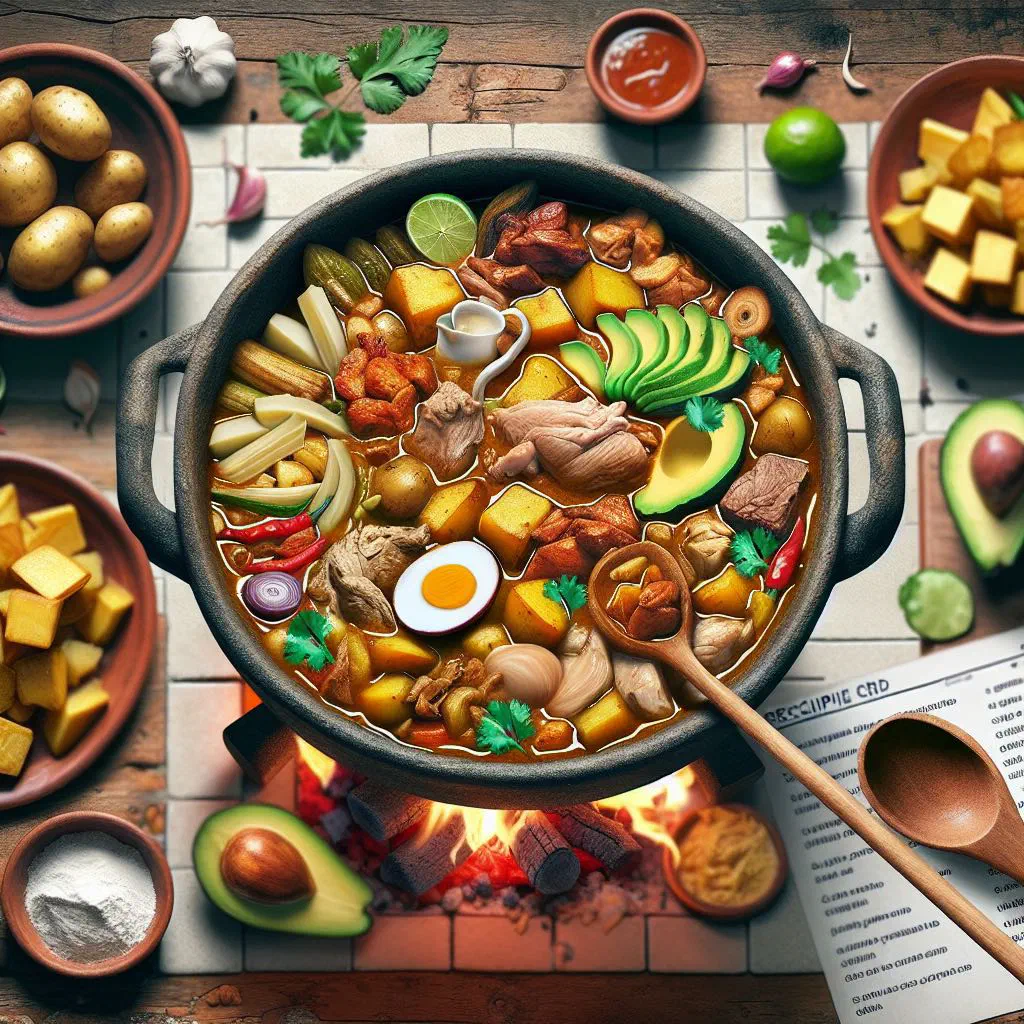 A rustic bowl of Colombian sancocho with meat, sweet potato and corn