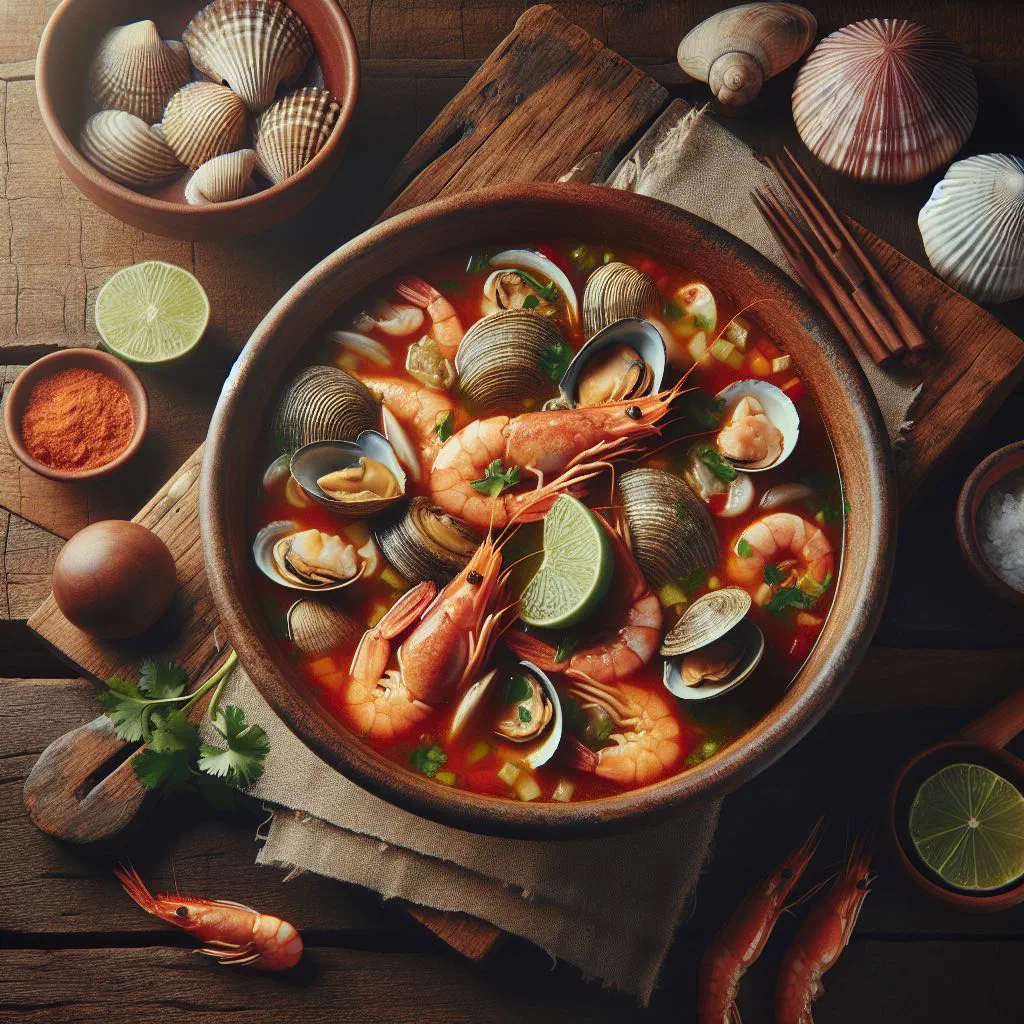 Colombian seafood casserole in a creamy coconut broth with prawns and coriander