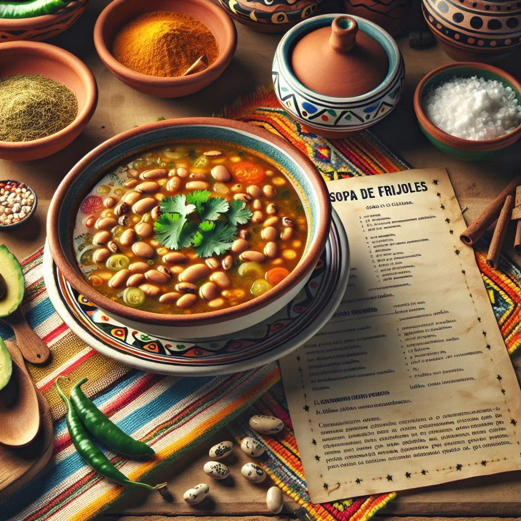 Bowl of Colombian sopa de frijoles bean soup garnished with fresh coriander