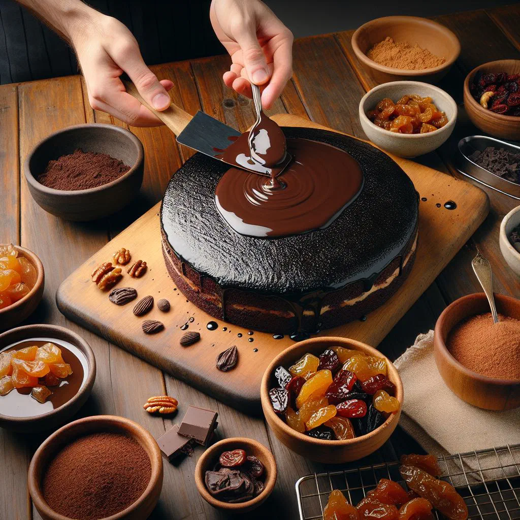 Slice of dark Colombian torta negra studded with dried fruit and nuts