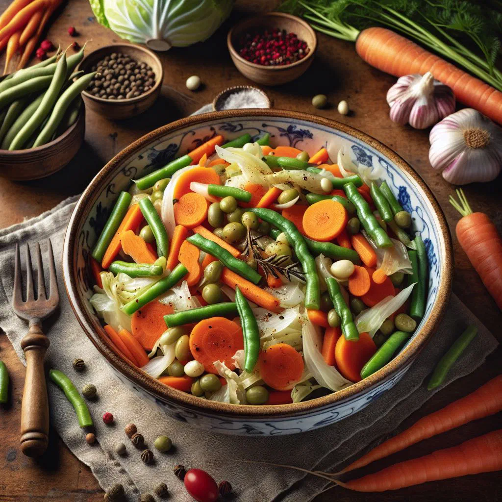 Colourful marinated vegetable achard with carrots, courgette and peppers