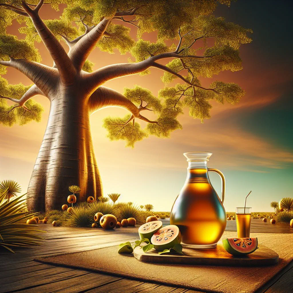 A glass of creamy baobab juice served over ice with a slice of lemon