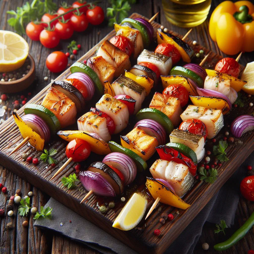 Grilled Comoran fish skewers served with fresh herbs and lemon