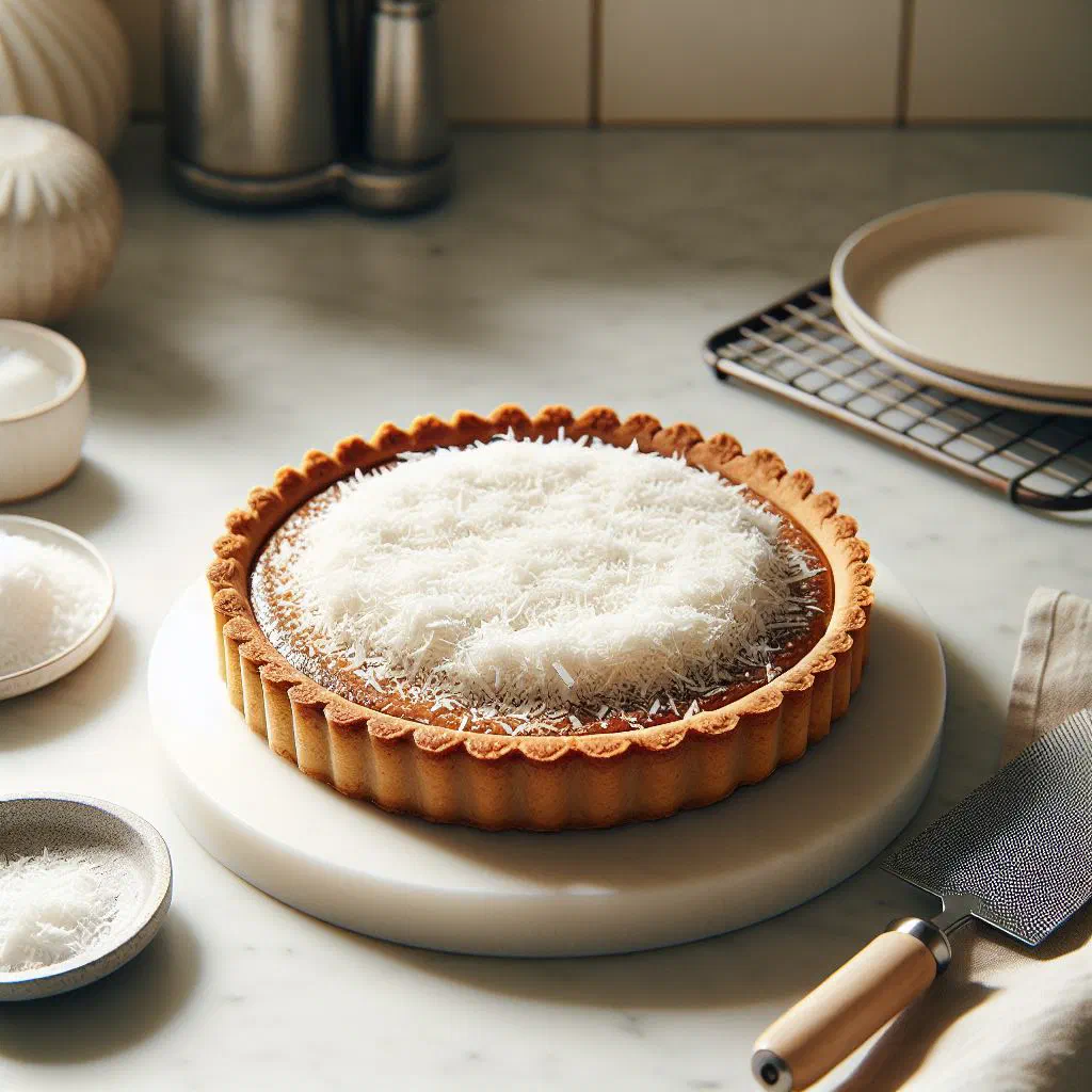 Golden Comorian coconut tart with a buttery pastry crust