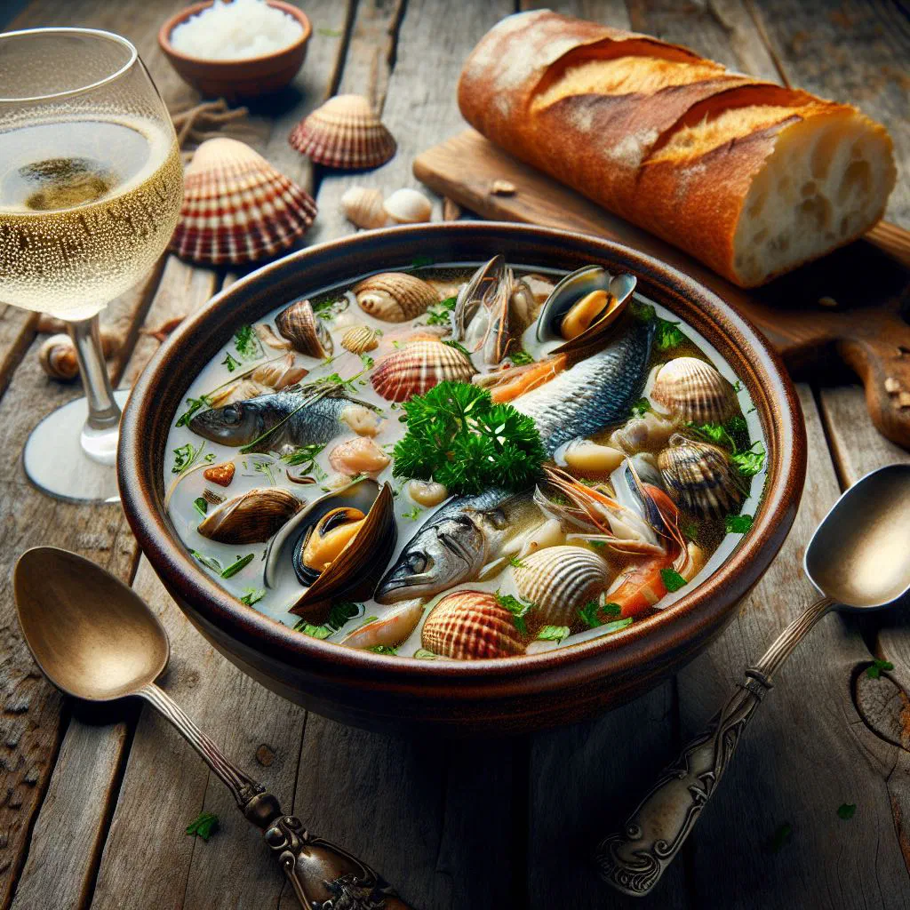 Bowl of Comoran fish soup garnished with fresh coriander and lime