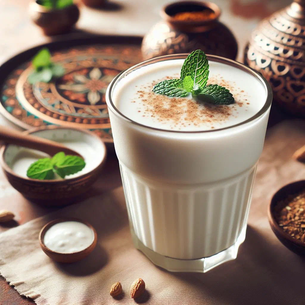 Creamy mango lassi in a tall glass garnished with mint