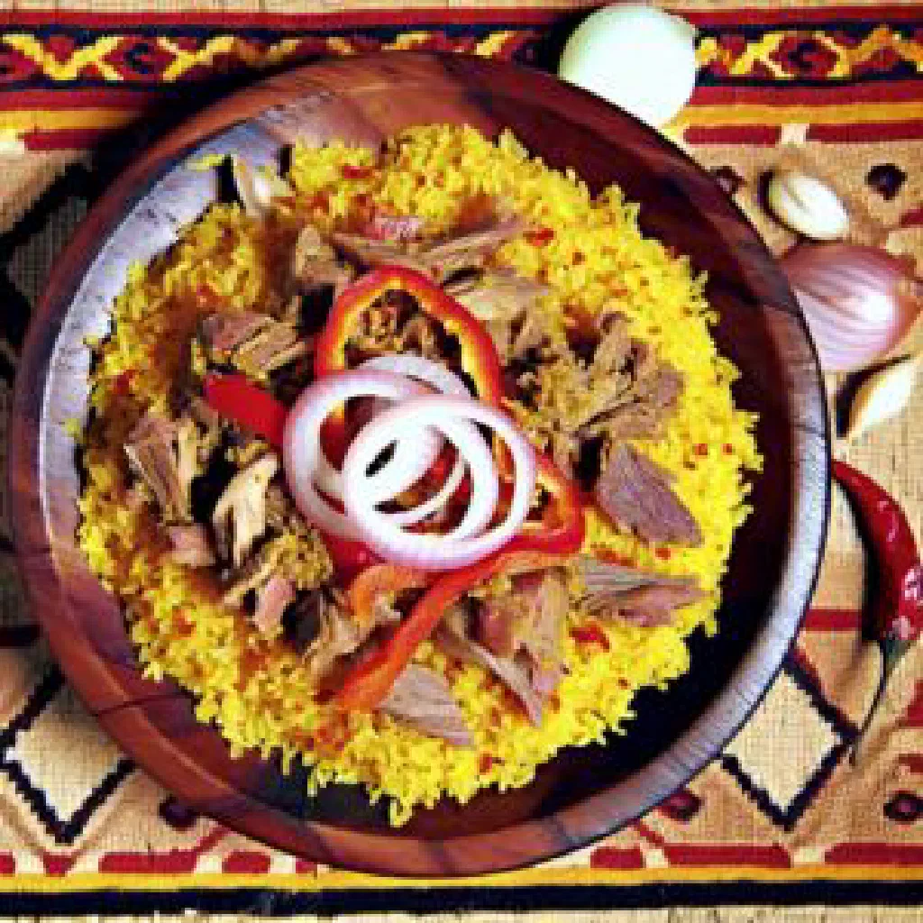 Aromatic Comorian pilaou rice with vegetables and chicken, garnished with fresh herbs