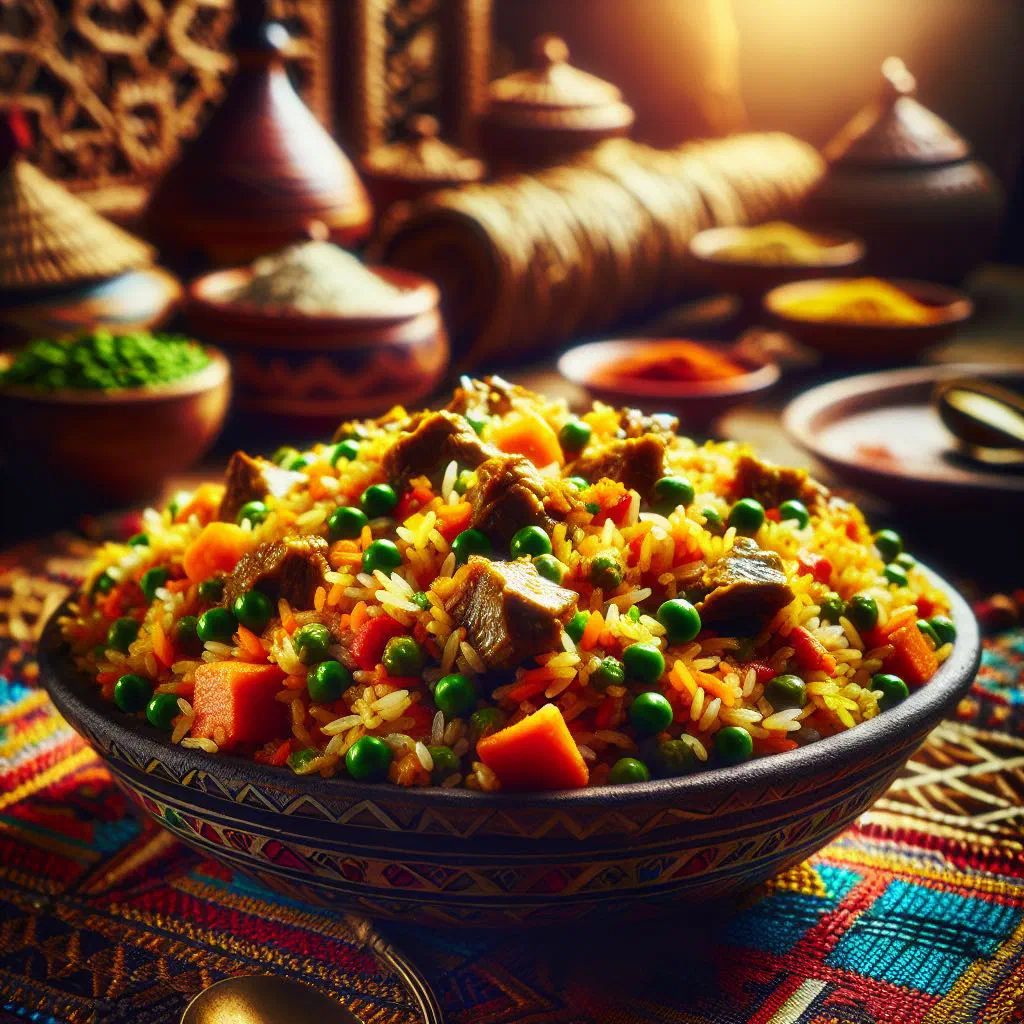 A bowl of spiced pilau rice with tender meat and fresh herbs