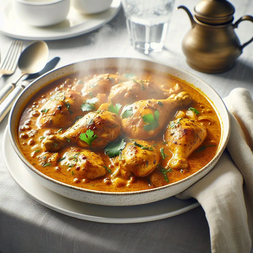 Chicken simmered in creamy coconut sauce, garnished with fresh coriander and lime
