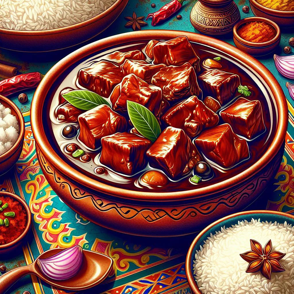 Bowl of spicy Comorian sorpotel served with rice