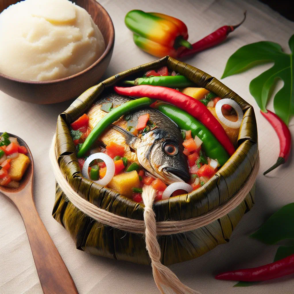Steamed fish parcels wrapped in banana leaves with tomatoes and herbs
