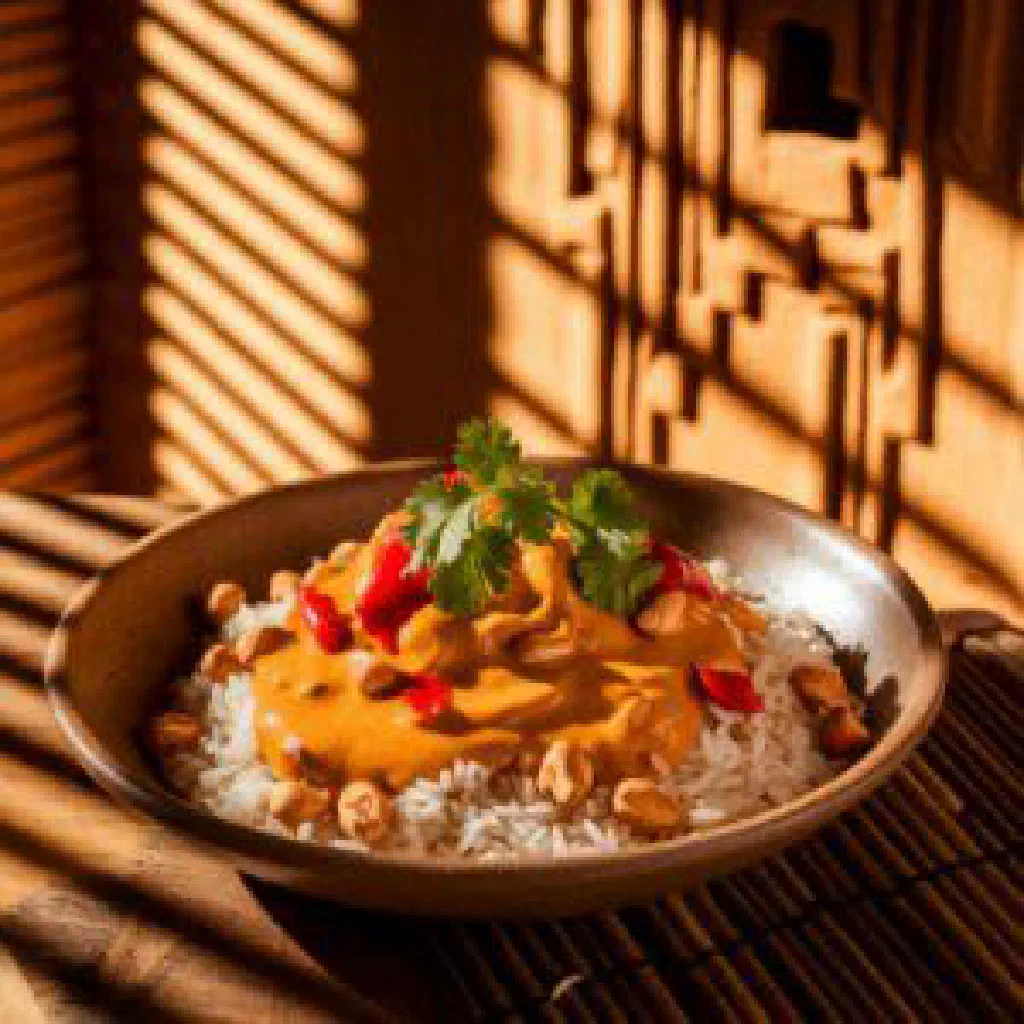 Fluffy rice topped with a rich Congolese peanut sauce and vegetables