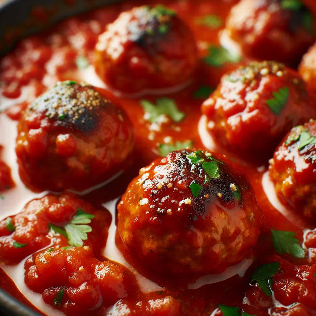 Juicy meatballs simmered in tomato sauce, garnished with fresh herbs