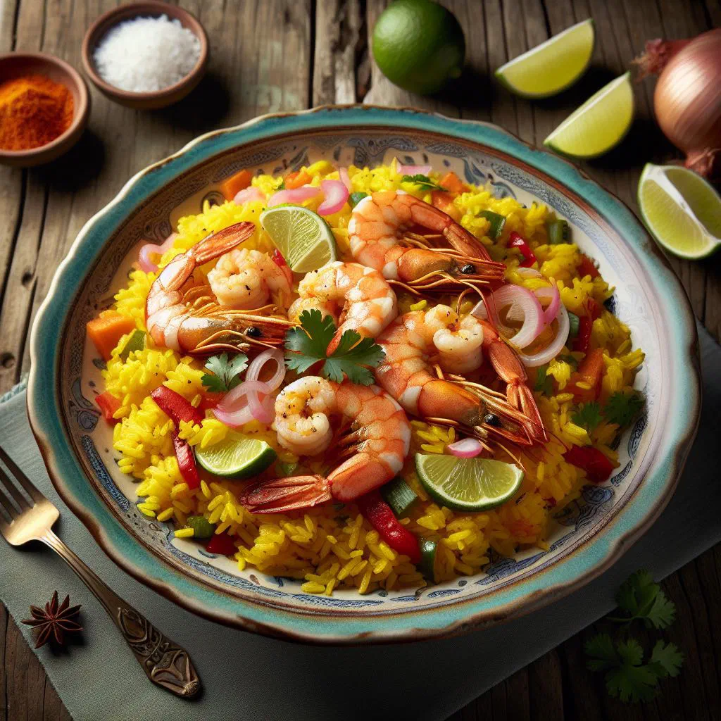 Costa Rican arroz con camarones with prawns, rice and peppers garnished with coriander