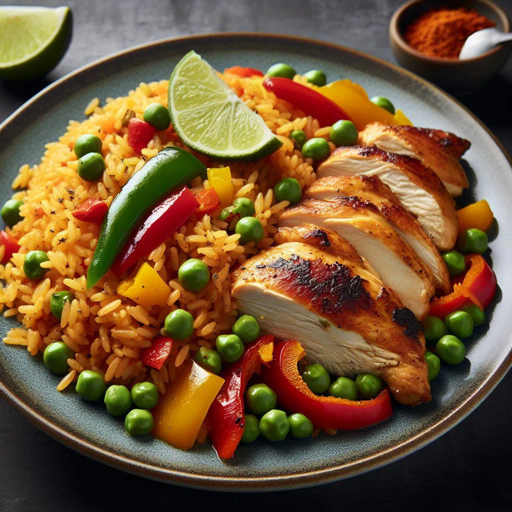 Costa Rican arroz con pollo with golden rice, chicken and peas