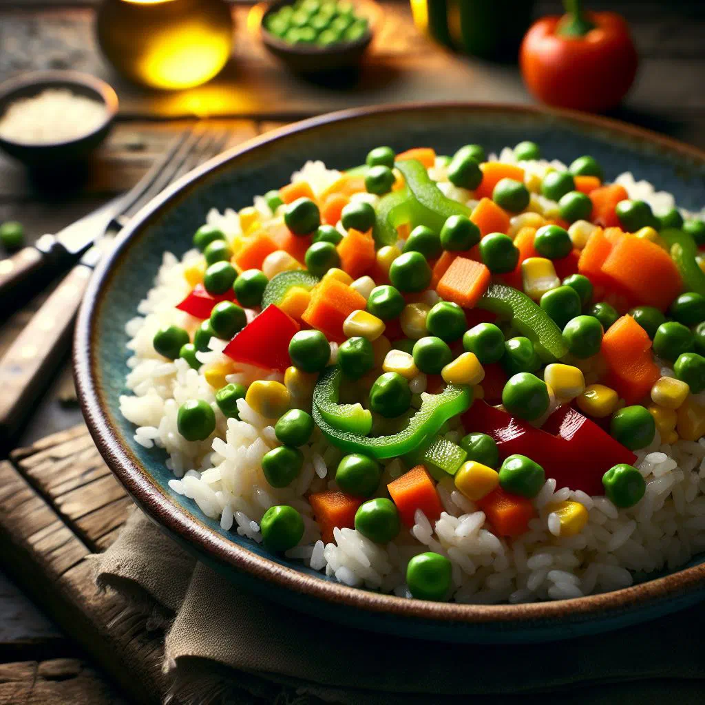 Colourful rice with carrots, courgette and peppers in a bowl