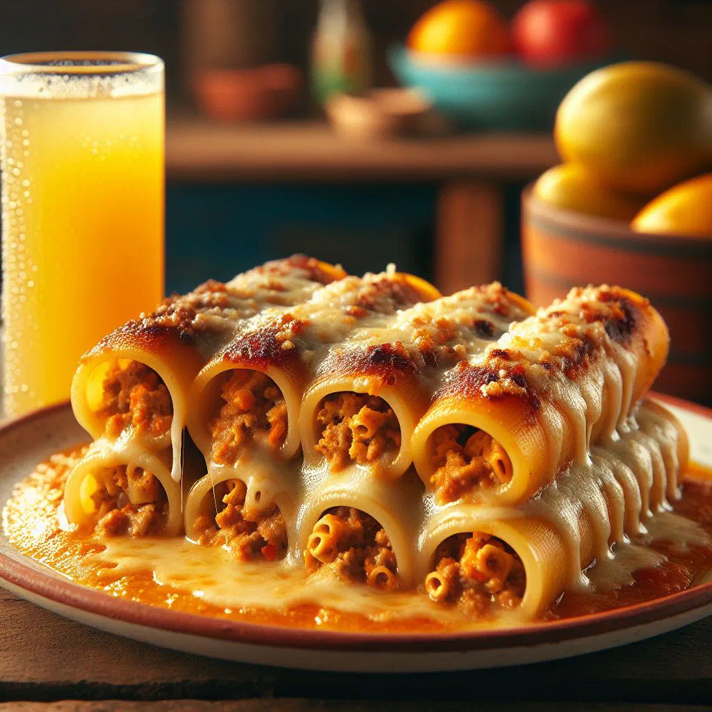 Baked canelones ticos in tomato sauce topped with melted parmesan
