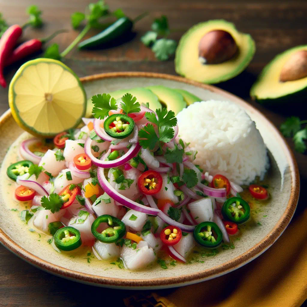 Costa Rican ceviche tico with fish, red onion and coriander in a glass