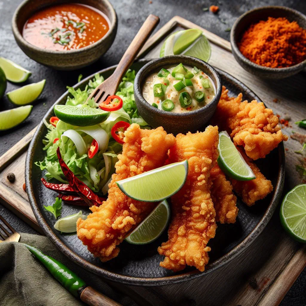 Crispy golden pieces of fried fish served with lime wedges