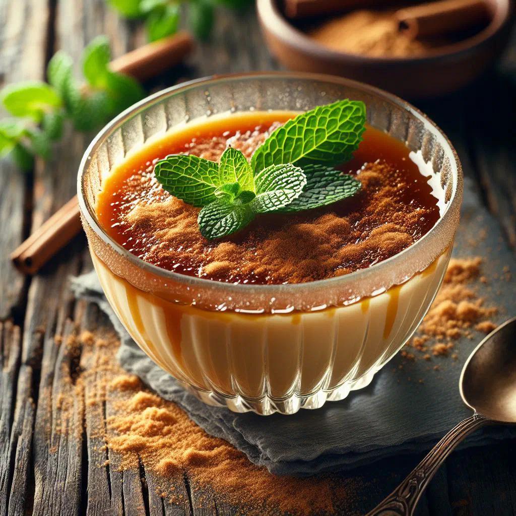 Bowl of creamy curdled milk dessert dusted with cinnamon