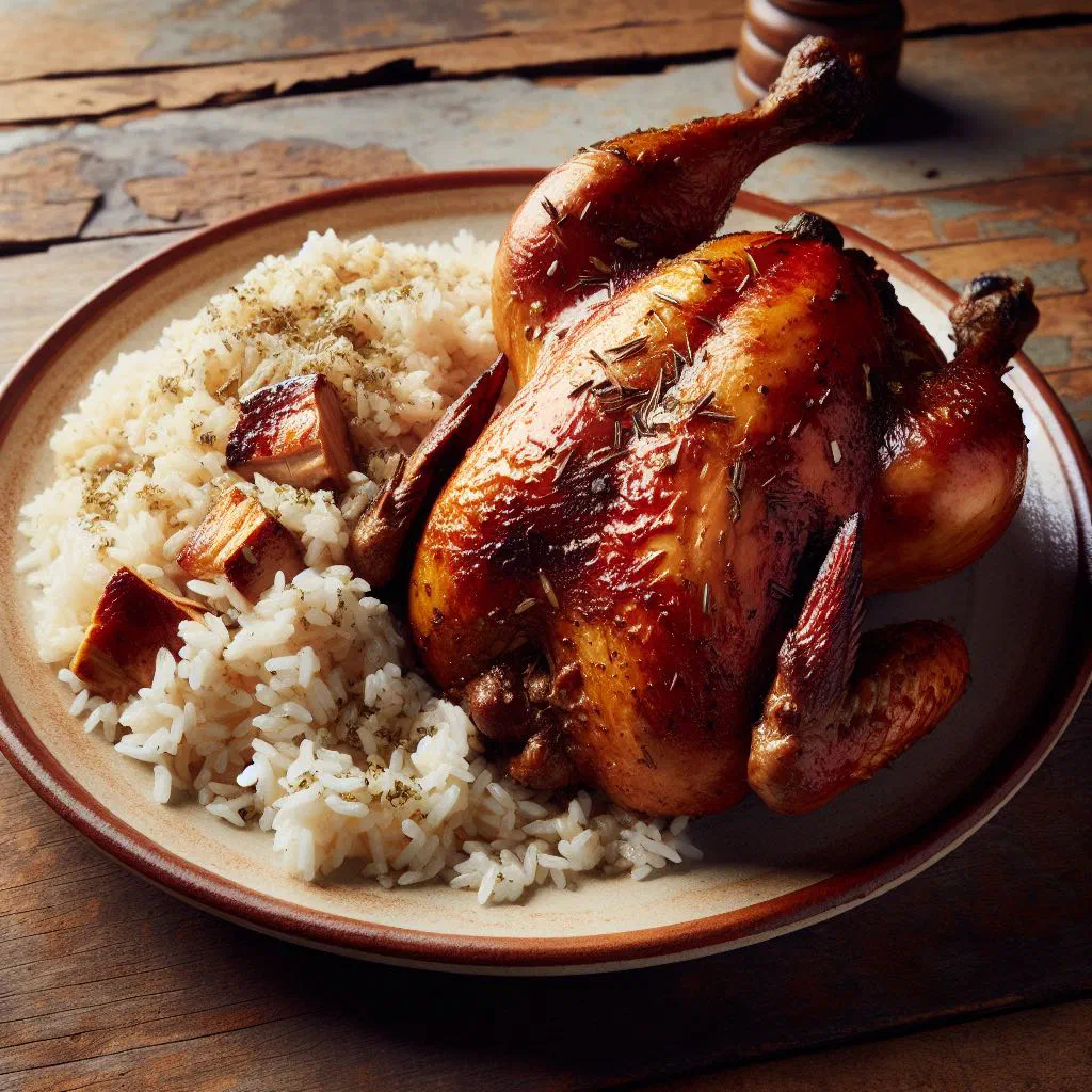 Bowl of Costa Rican chicken and rice garnished with fresh coriander