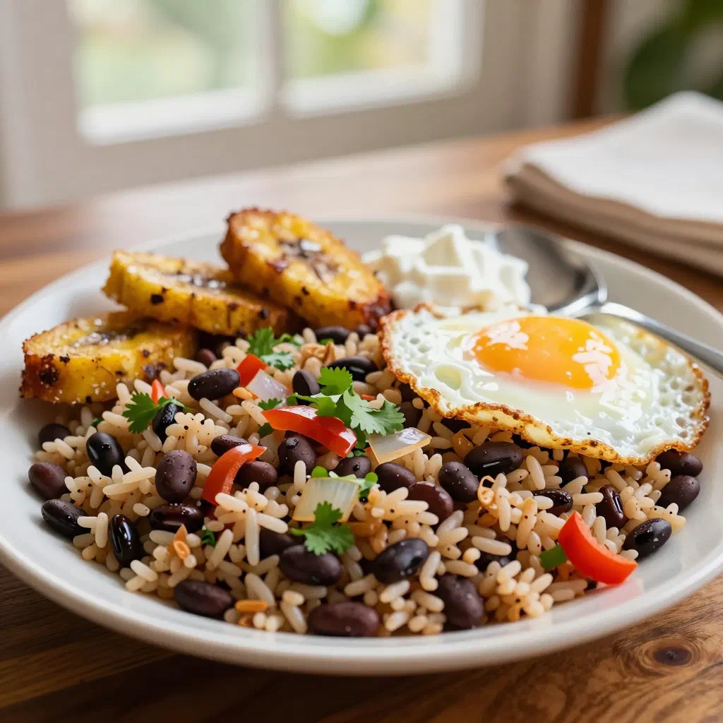 Costa Rican gallo pinto of rice and black beans garnished with fresh coriander