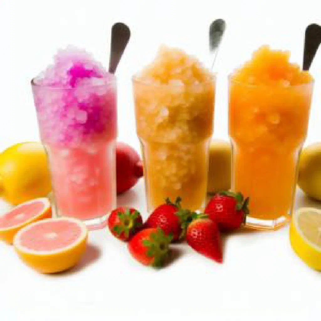 Colourful granizados shaved ice with fruit syrup and fresh fruit in a glass