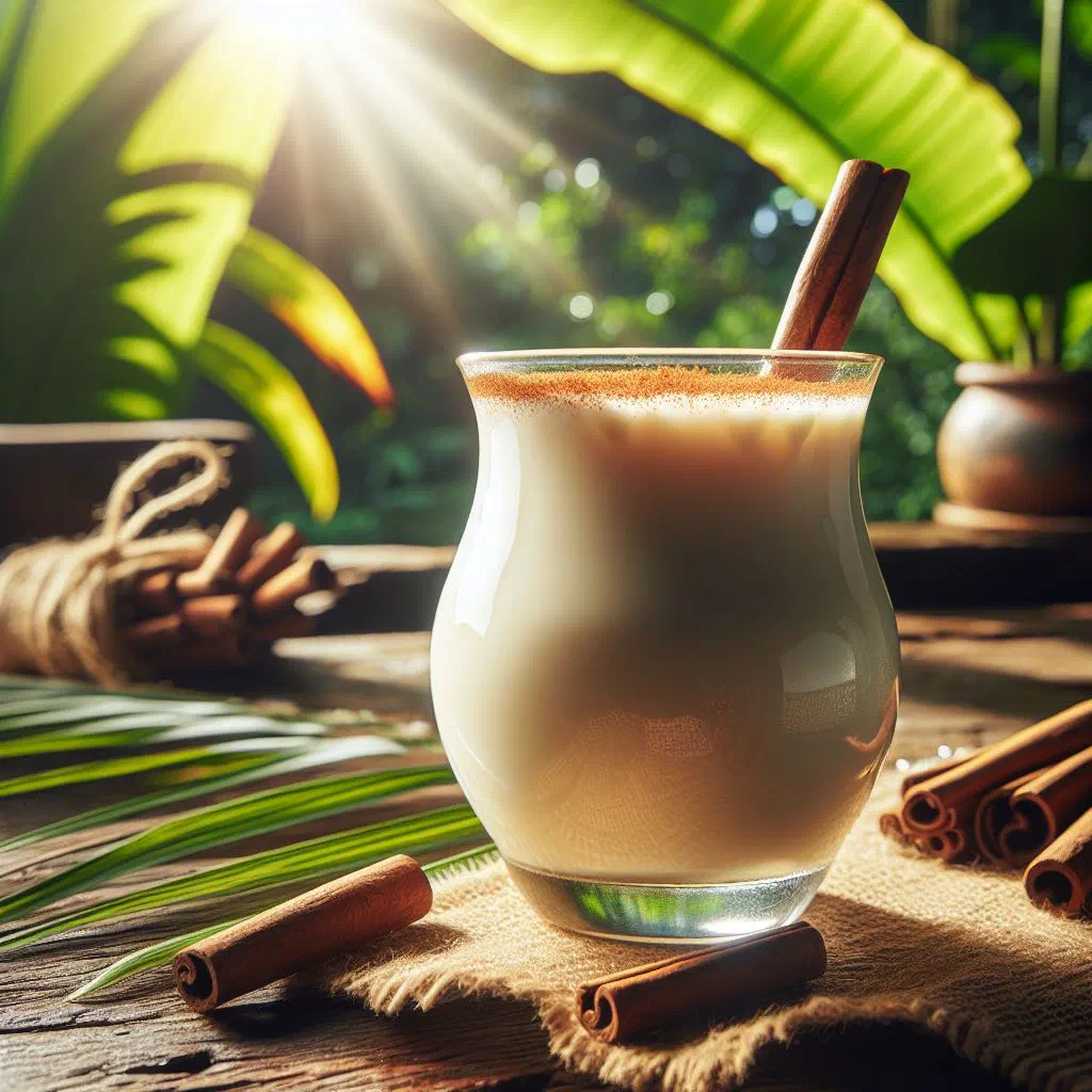 Glass of creamy horchata tica dusted with cinnamon and served over ice