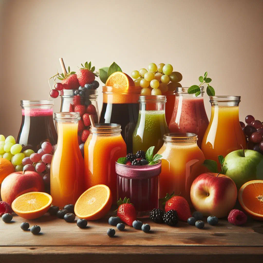 Glasses of fresh tropical fruit juice with pineapple, mango and papaya