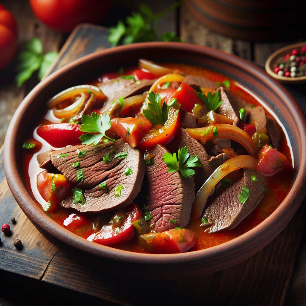 Tender sliced beef tongue in a rich tomato sauce, served with rice and beans
