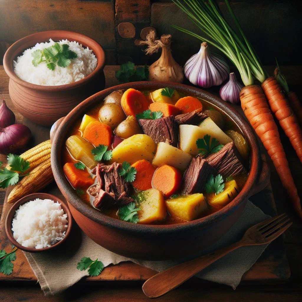 Bowl of Costa Rican olla de carne beef and vegetable stew garnished with coriander