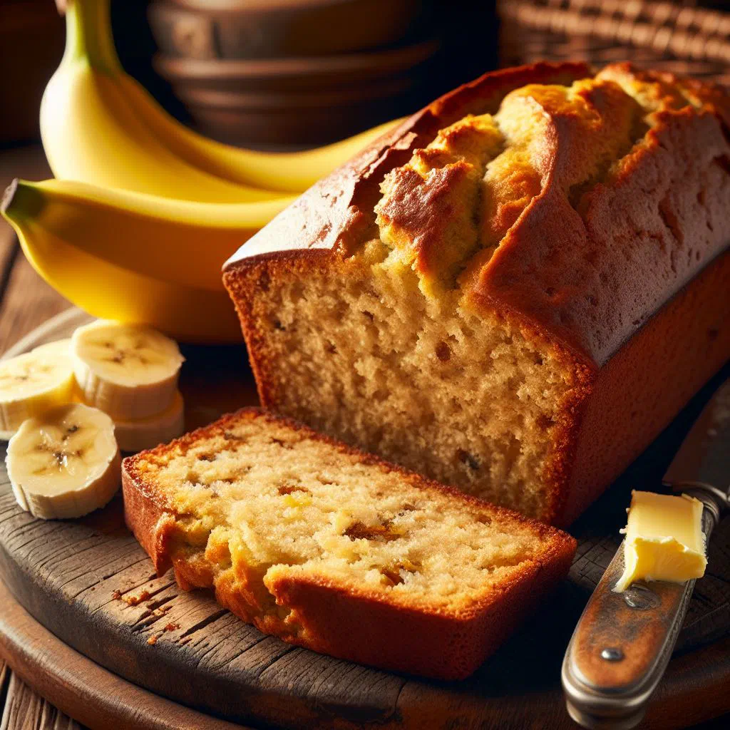 Sliced Costa Rican banana bread with walnuts and a dusting of cinnamon