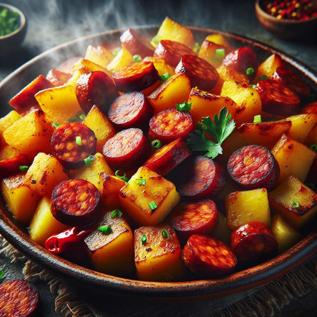 Golden potatoes fried with sliced chorizo and onions, garnished with parsley