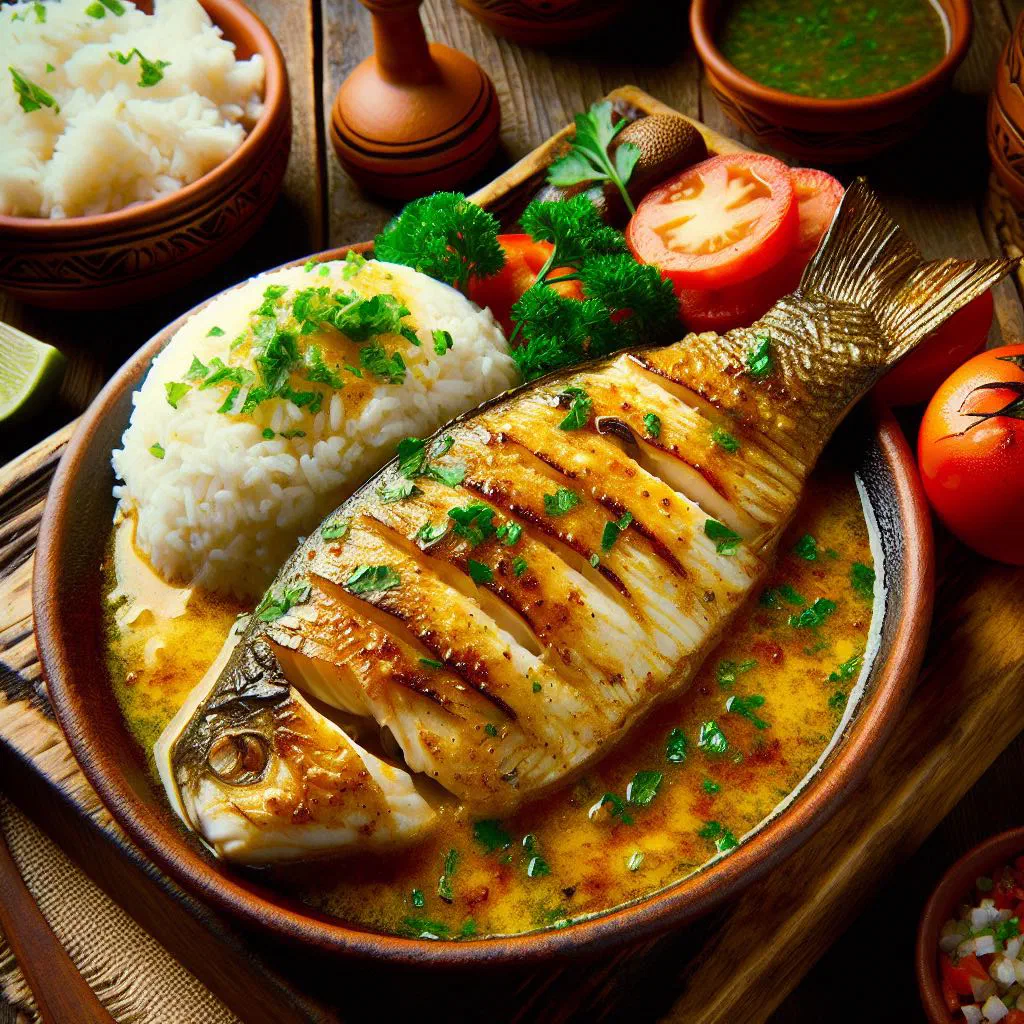 Pan-fried fish fillets in garlic sauce garnished with fresh coriander and lime