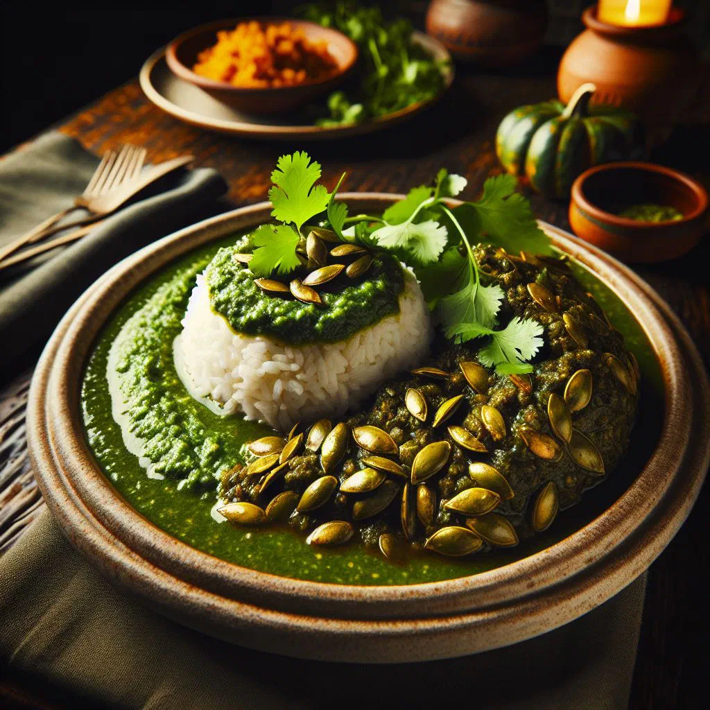Pipián guisado with meat and vegetables in a rich peanut sauce
